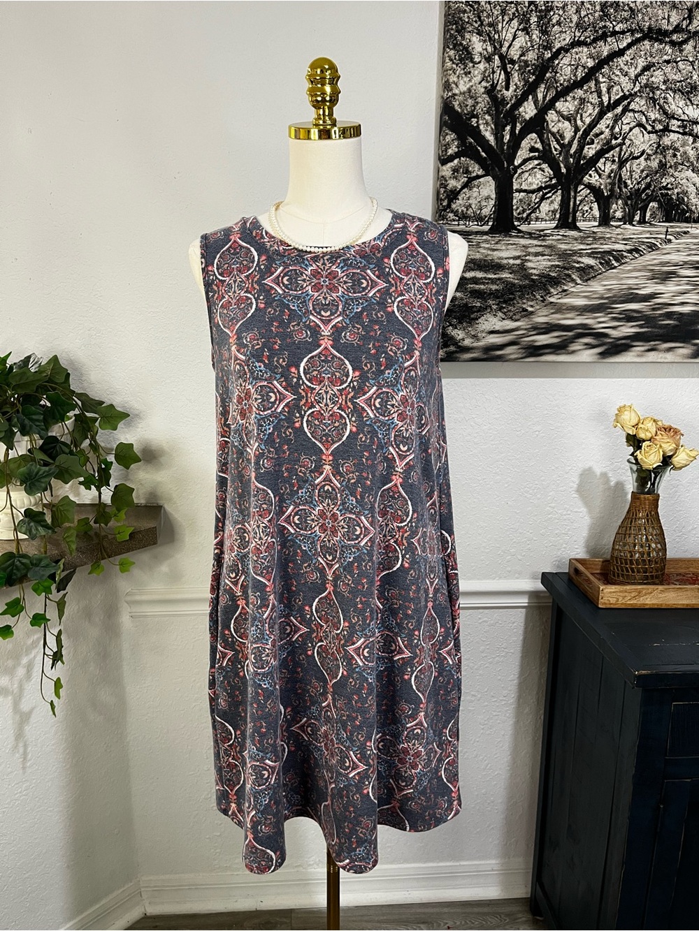 Apt. 9 Sleeveless Printed A-Line Jumpsuit Dress in Gray and Pink